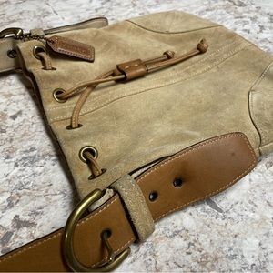 Coach Cream Suede Bucket Bag Drawstring Crossbody Purse vintage/ brown wristlet